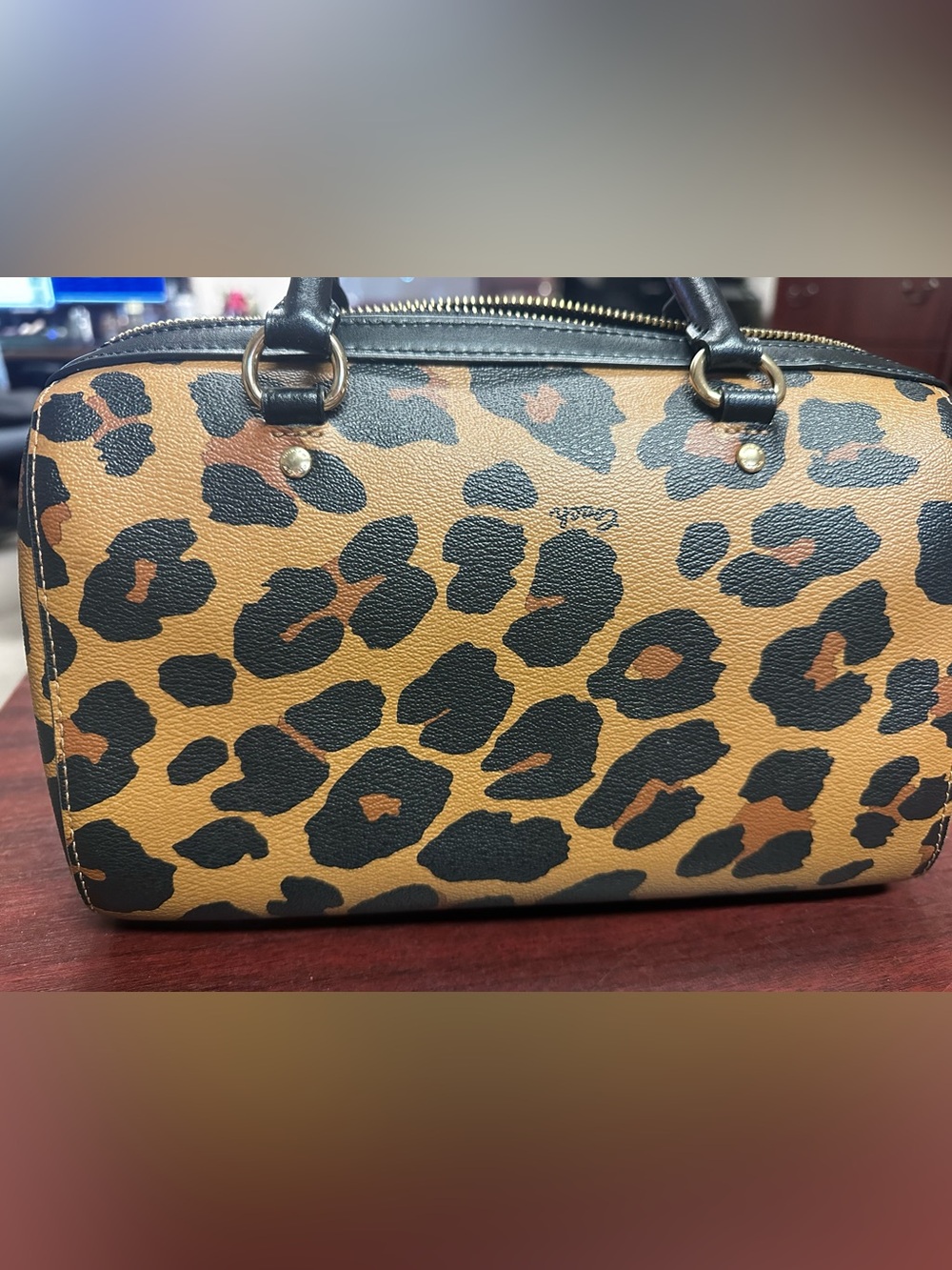 Coach Leopard Print Mini Satchel with Card Case - Tan/Black - Picture 5 of 9
